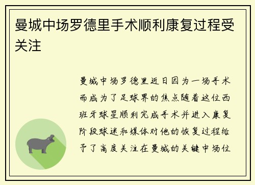 曼城中场罗德里手术顺利康复过程受关注